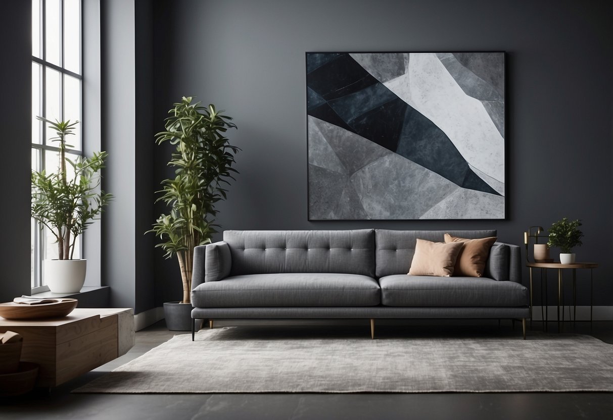 A grey couch sits against an abstract wall art, creating a modern home decor idea