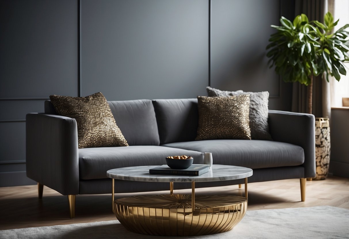 A grey couch sits in front of a marble coffee table, adorned with stylish home decor ideas