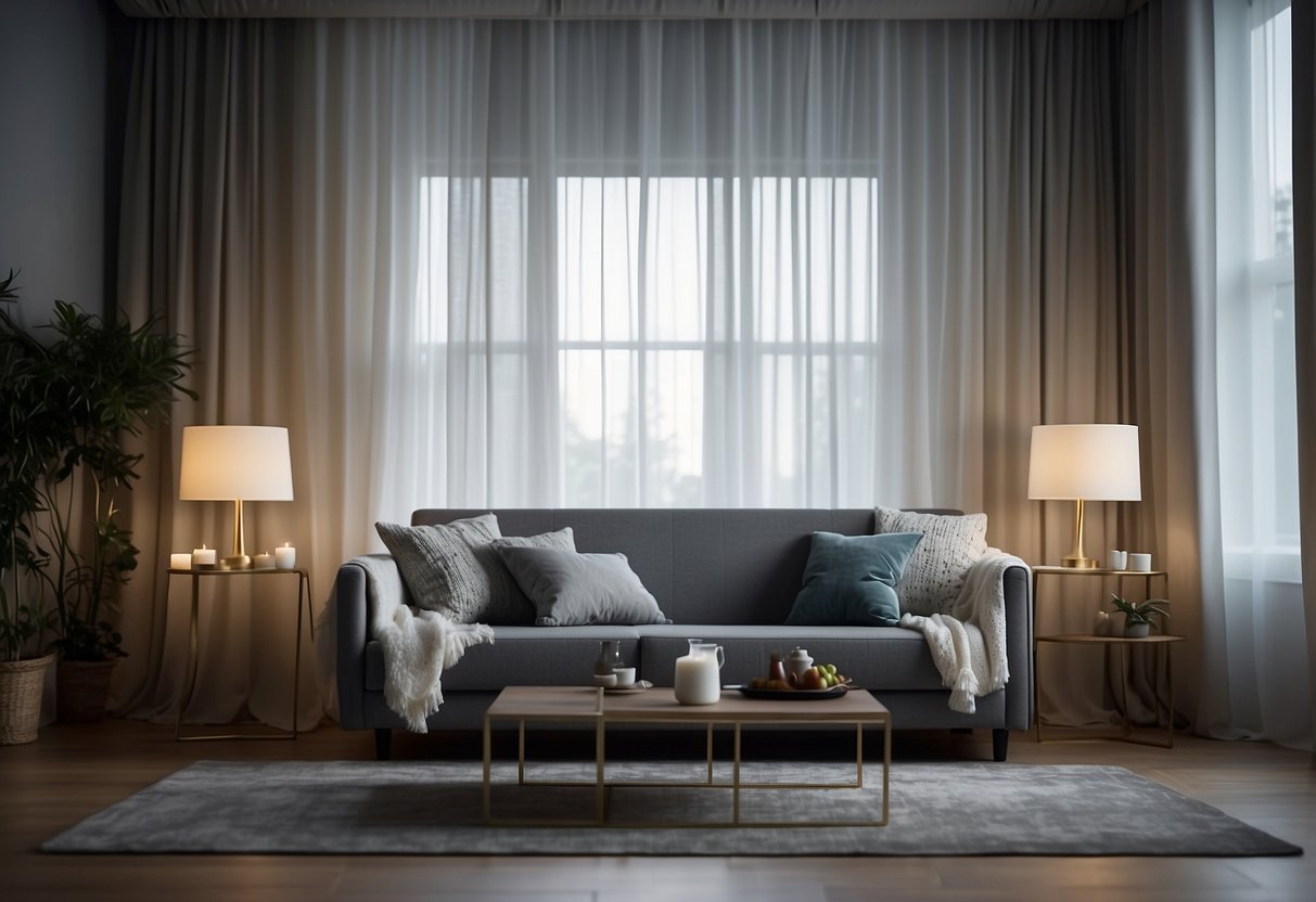 Sheer white curtains drape elegantly behind a cozy grey couch, inspiring home decor ideas