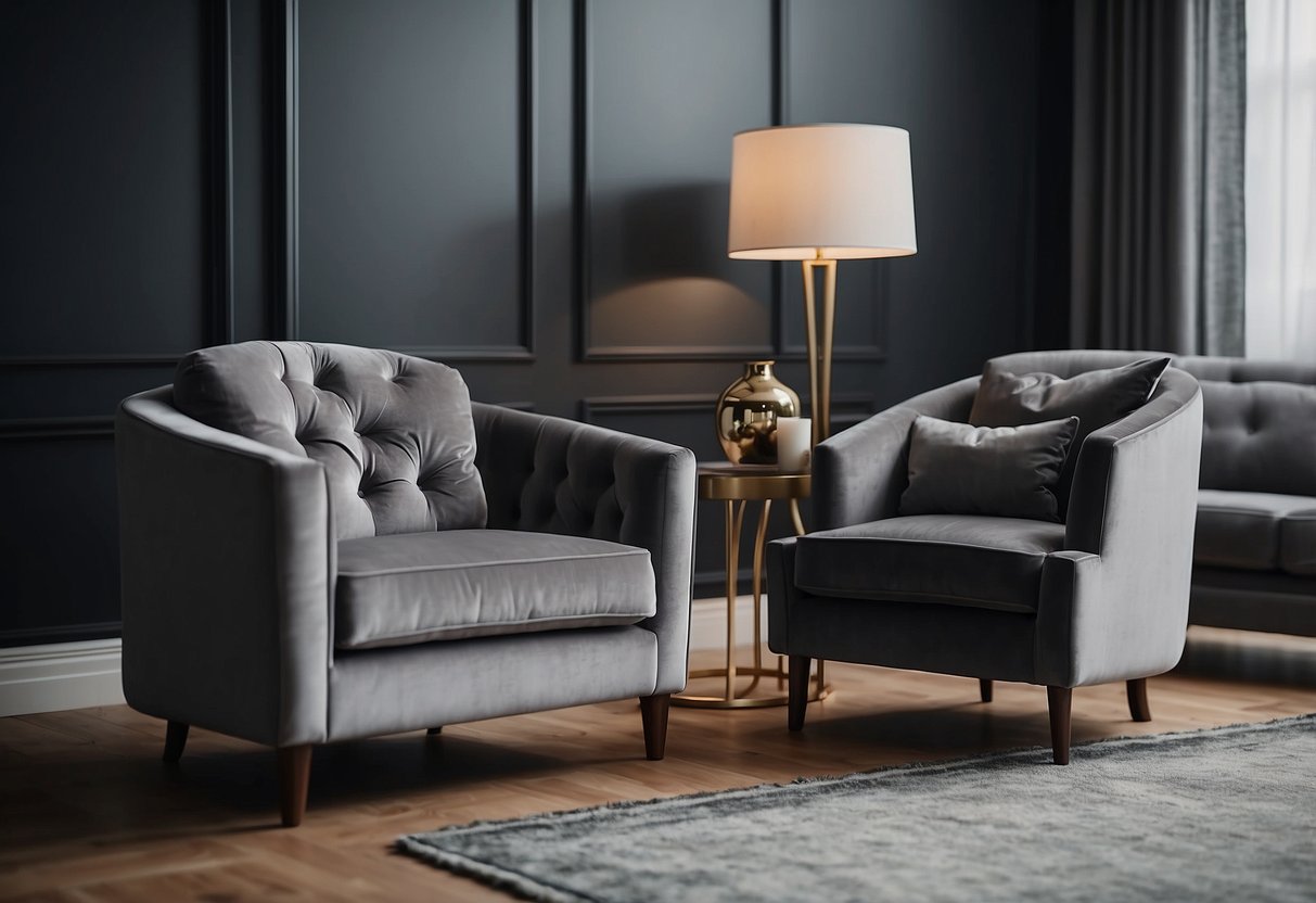 A grey velvet accent chair sits next to a matching couch, adding a touch of elegance to the home decor