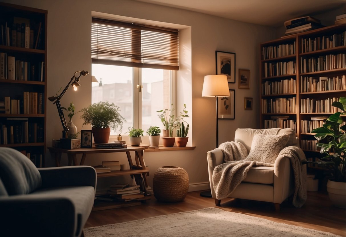 A cozy bedroom with warm lighting, soft blankets, and fluffy pillows. A bookshelf filled with books, a small desk with a potted plant, and a comfortable armchair in the corner