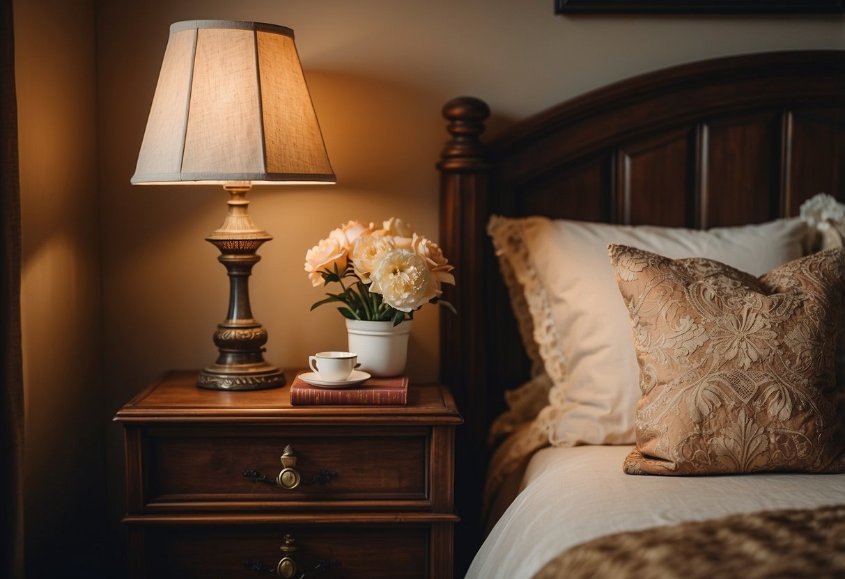 A vintage-inspired nightstand with a floral lamp, antique books, and a lace doily. Cozy bedroom decor with warm tones and soft textures