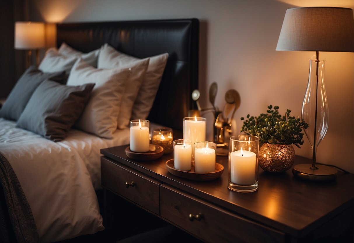 A bedside table with decorative candles, soft lighting, and cozy bedding in a bedroom setting