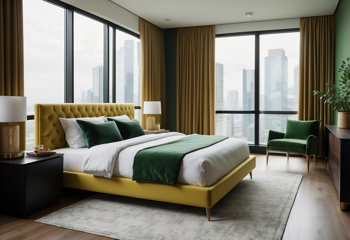 A spacious bedroom with a king-sized bed, floor-to-ceiling windows, a cozy reading nook, and a minimalist color scheme with pops of green and gold accents