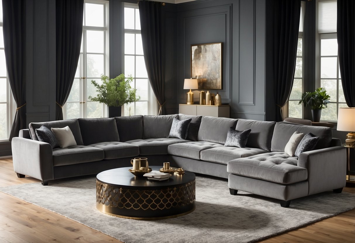 A plush velvet sectional sofa is the centerpiece of a large bedroom, surrounded by elegant decor ideas