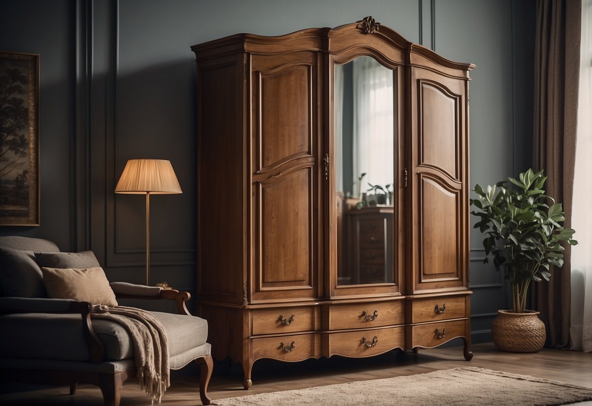 An antique wooden wardrobe stands tall in a spacious bedroom, adding a touch of vintage elegance to the decor