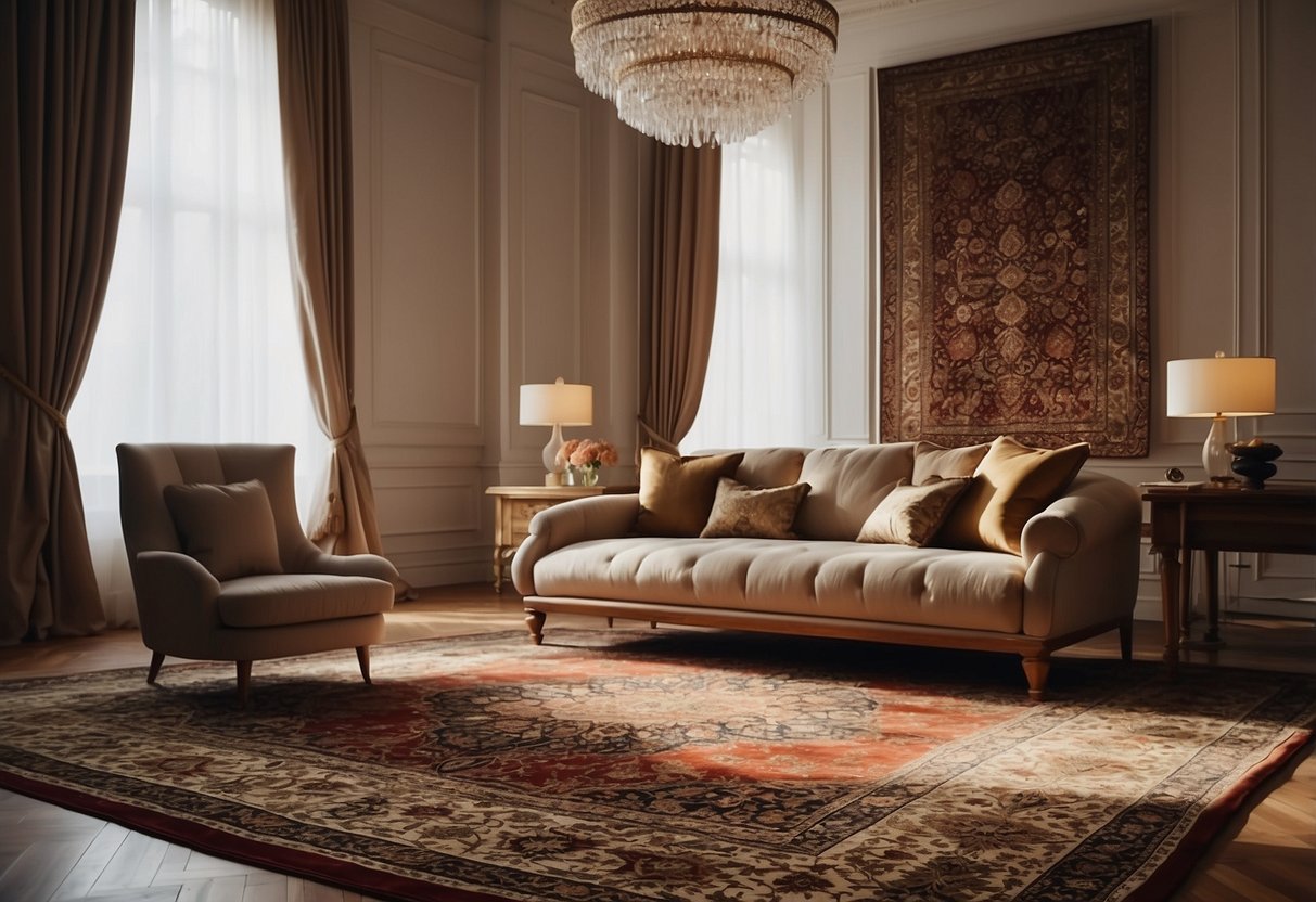 A luxurious Persian rug adorns a large bedroom, adding opulence to the decor