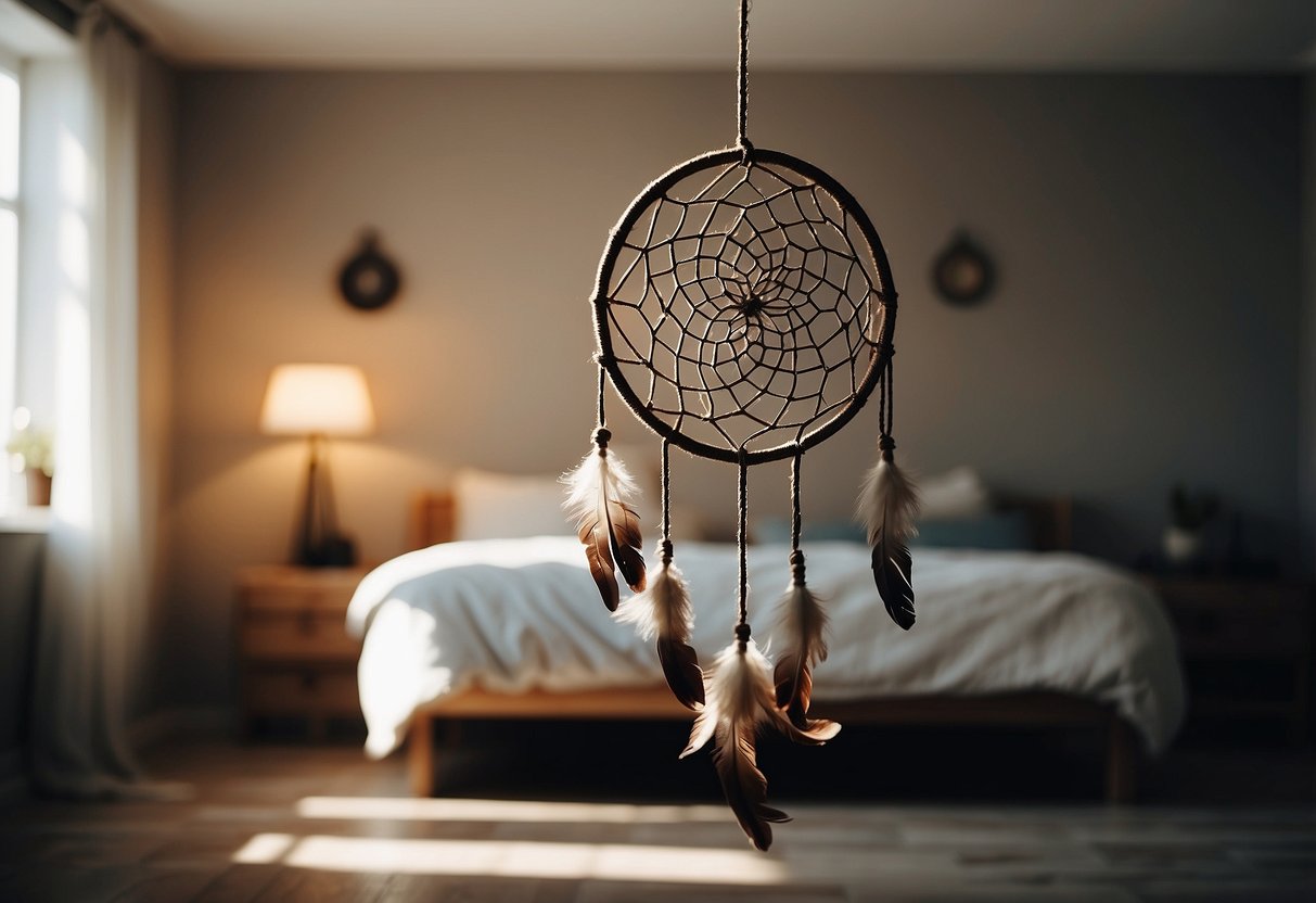 A ceiling-hung dream catcher sways gently in a spacious bedroom, casting intricate shadows against the wall