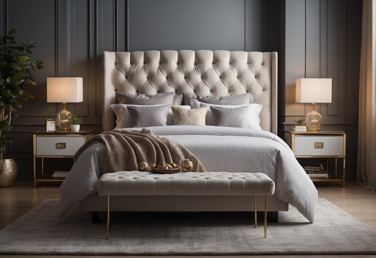 A chic tufted headboard anchors a spacious bedroom, adorned with luxurious decor ideas