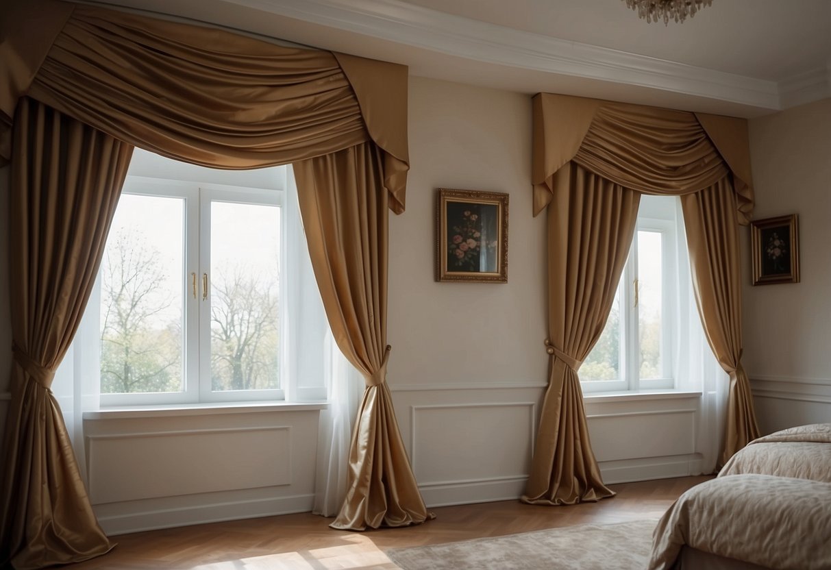 Silk curtains drape elegantly in a spacious bedroom, adding a touch of luxury to the decor