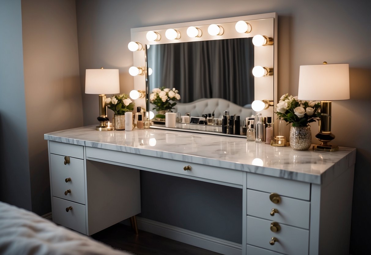 A marble-top vanity table sits in a spacious bedroom, adorned with elegant decor and soft lighting