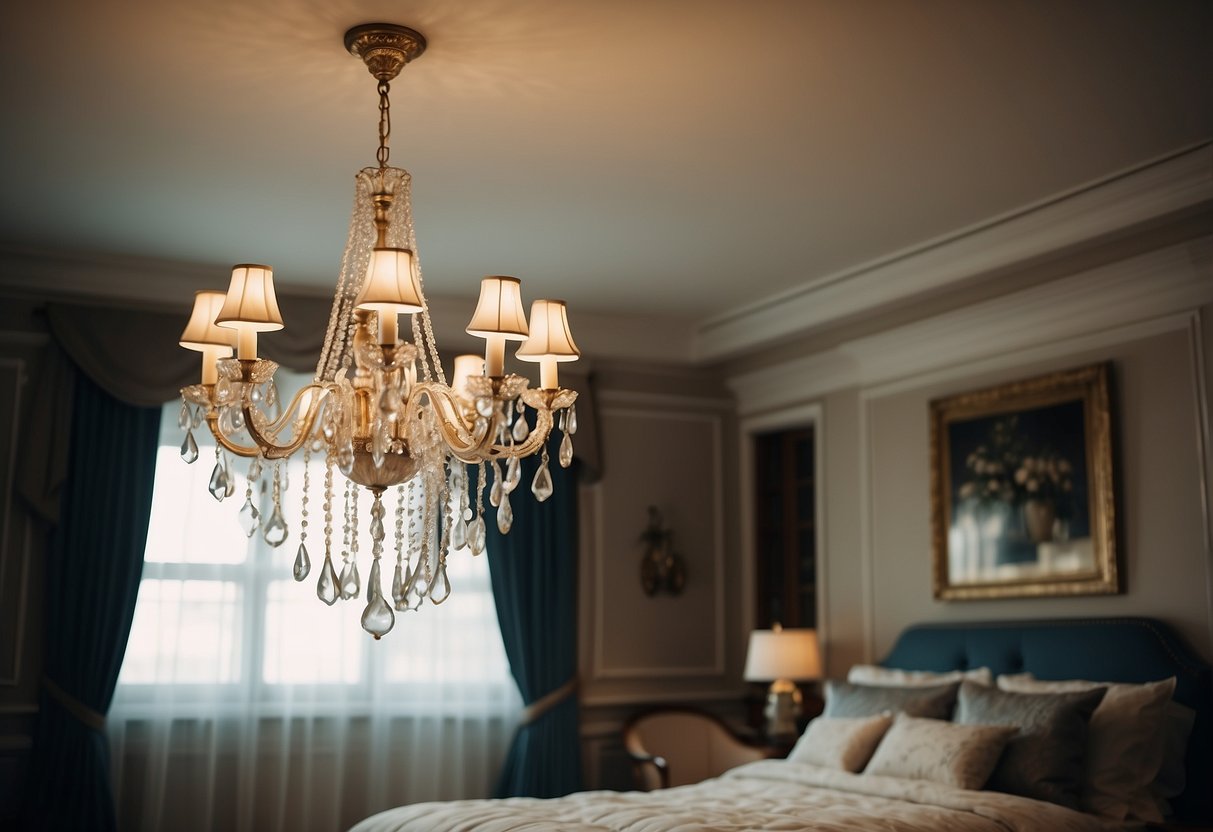 A vintage chandelier illuminates a spacious bedroom with elegant decor