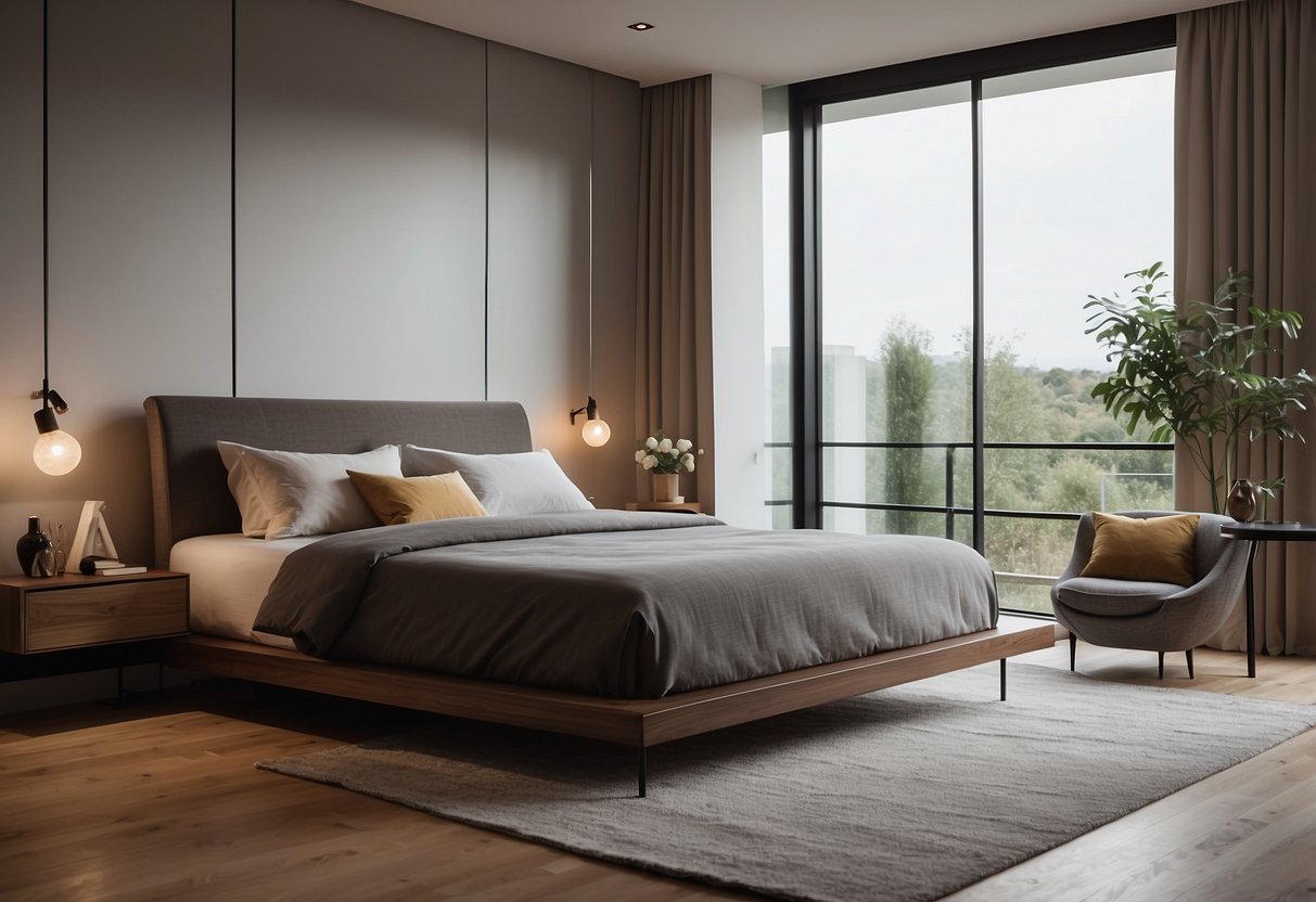 A spacious bedroom with a minimalist layout, featuring a large bed with sleek, modern decor, and strategically placed furniture to maximize space