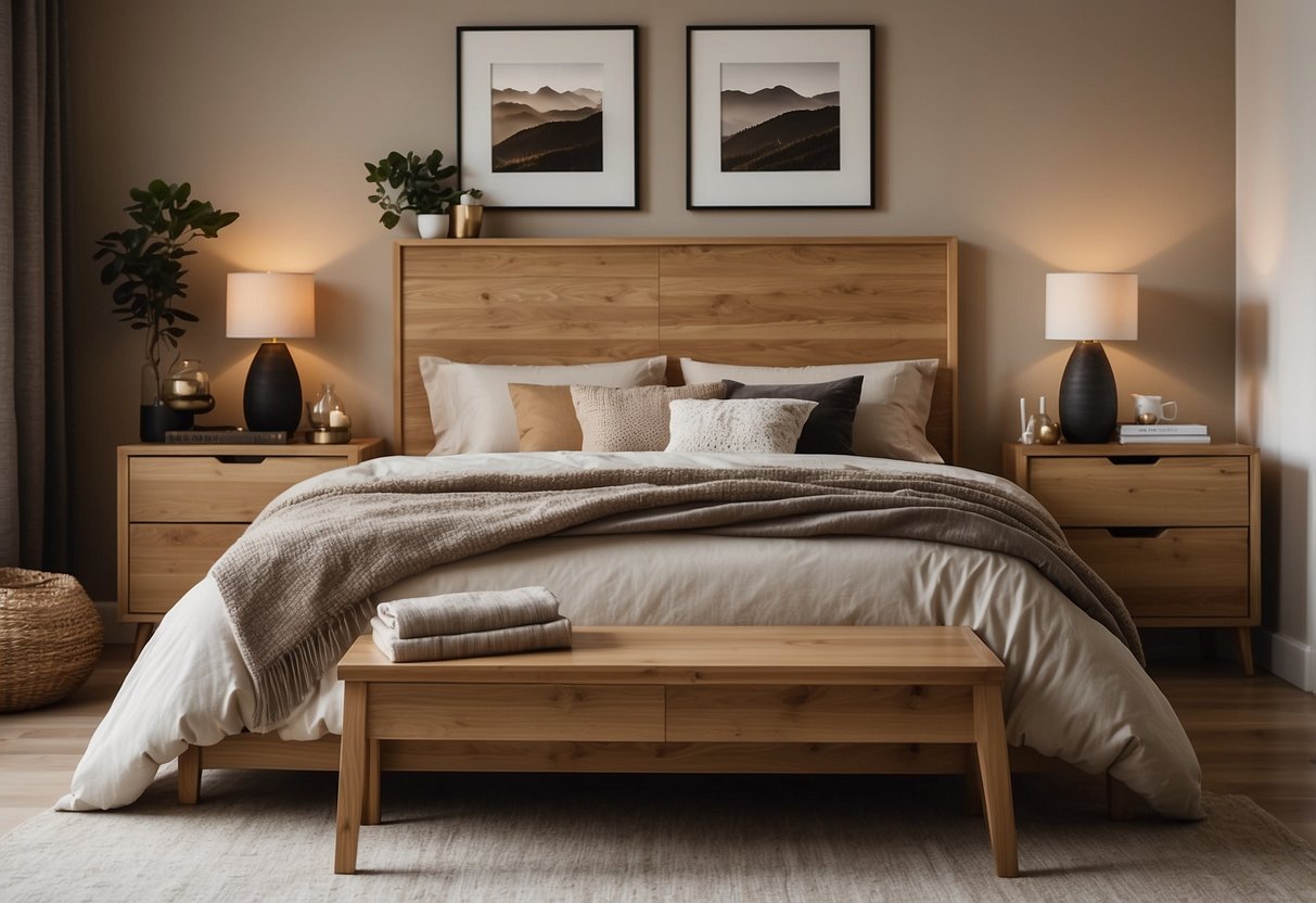 A cozy bedroom with oak furniture: a large bed with a wooden headboard, a matching dresser, and nightstands. Soft lighting, earthy tones, and natural textures create a warm and inviting atmosphere