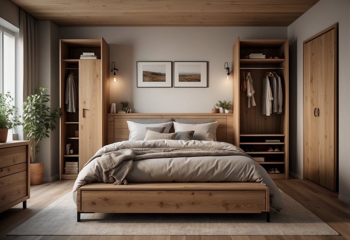 A cozy bedroom with a rustic oak wardrobe, complemented by matching oak furniture for a warm and inviting atmosphere