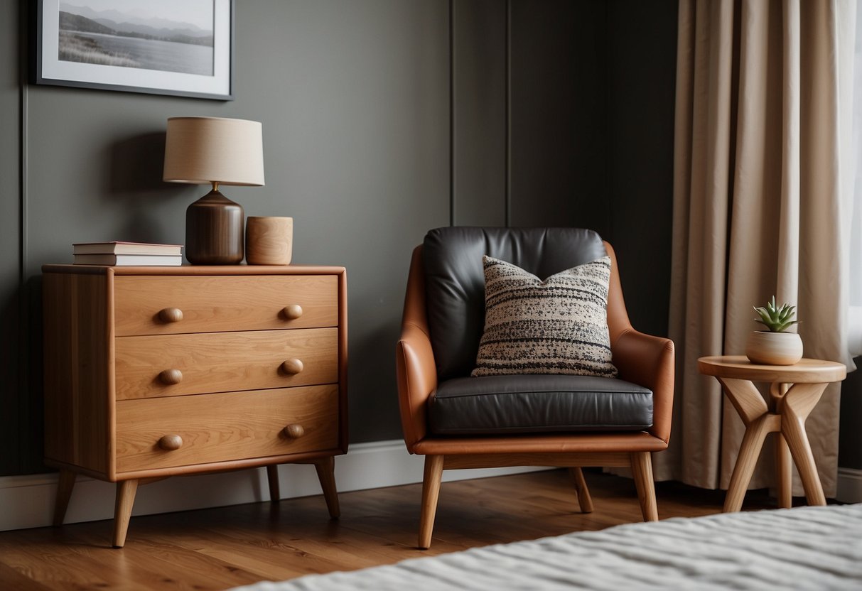 An oak and leather accent chair sits in a bedroom with oak furniture. The chair is placed next to a wooden dresser and a bed with a matching oak headboard