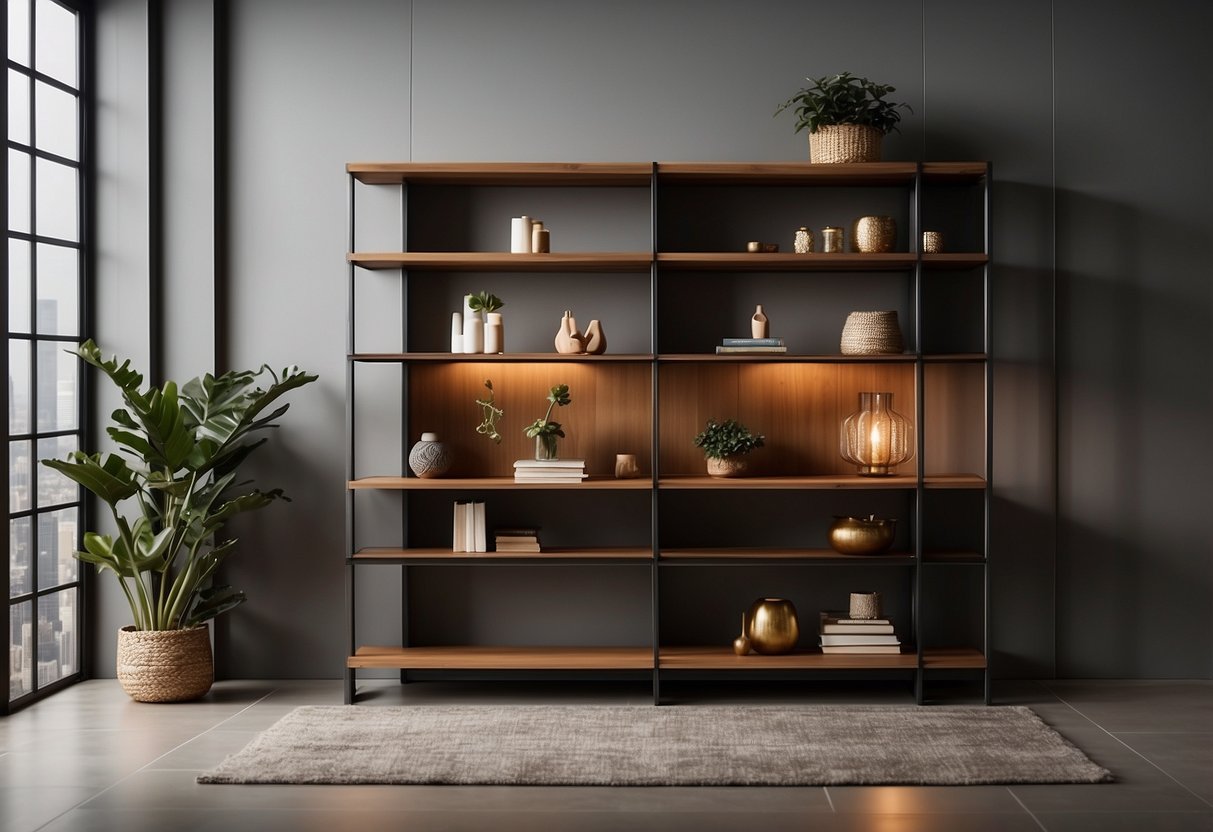 An oak bookshelf stands against a wall, adorned with metal accents. The room is decorated with oak furniture, creating a warm and inviting atmosphere