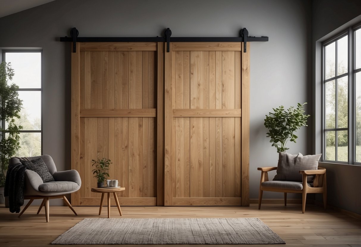 A bedroom with a sliding oak barn door and oak furniture