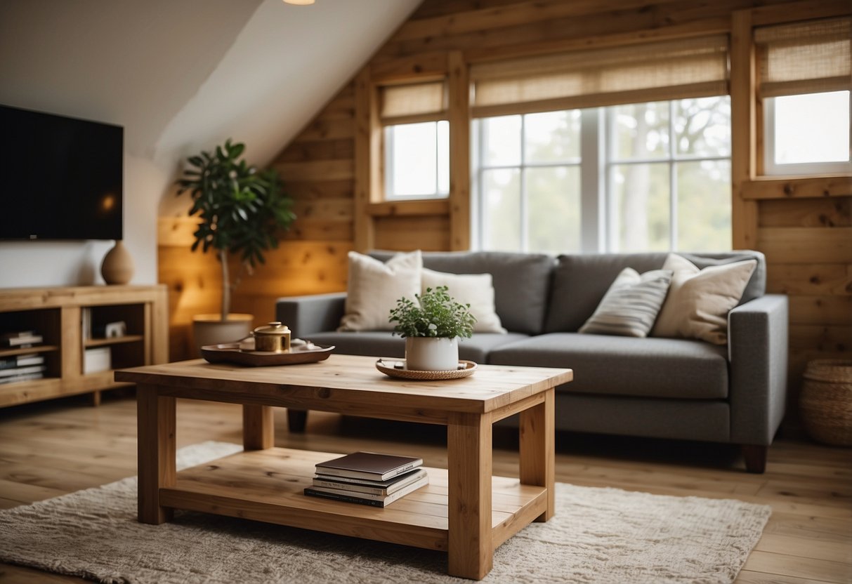 A Reclaimed Oak Coffee Table sits in a cozy bedroom, surrounded by matching oak furniture. The warm wood tones create a rustic and inviting atmosphere