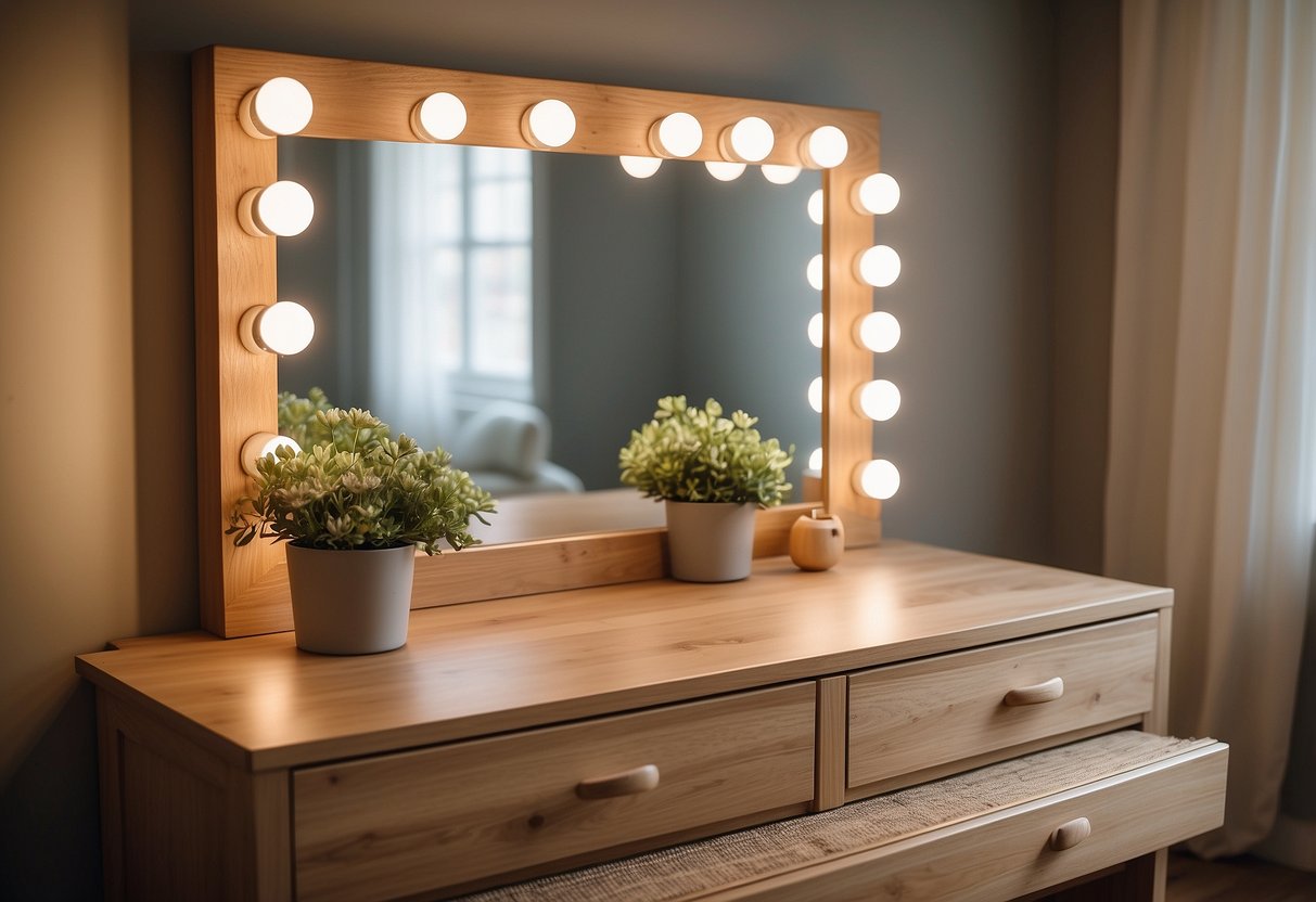 An oak vanity with a mirror sits in a well-lit bedroom, surrounded by matching oak furniture, creating a warm and inviting atmosphere