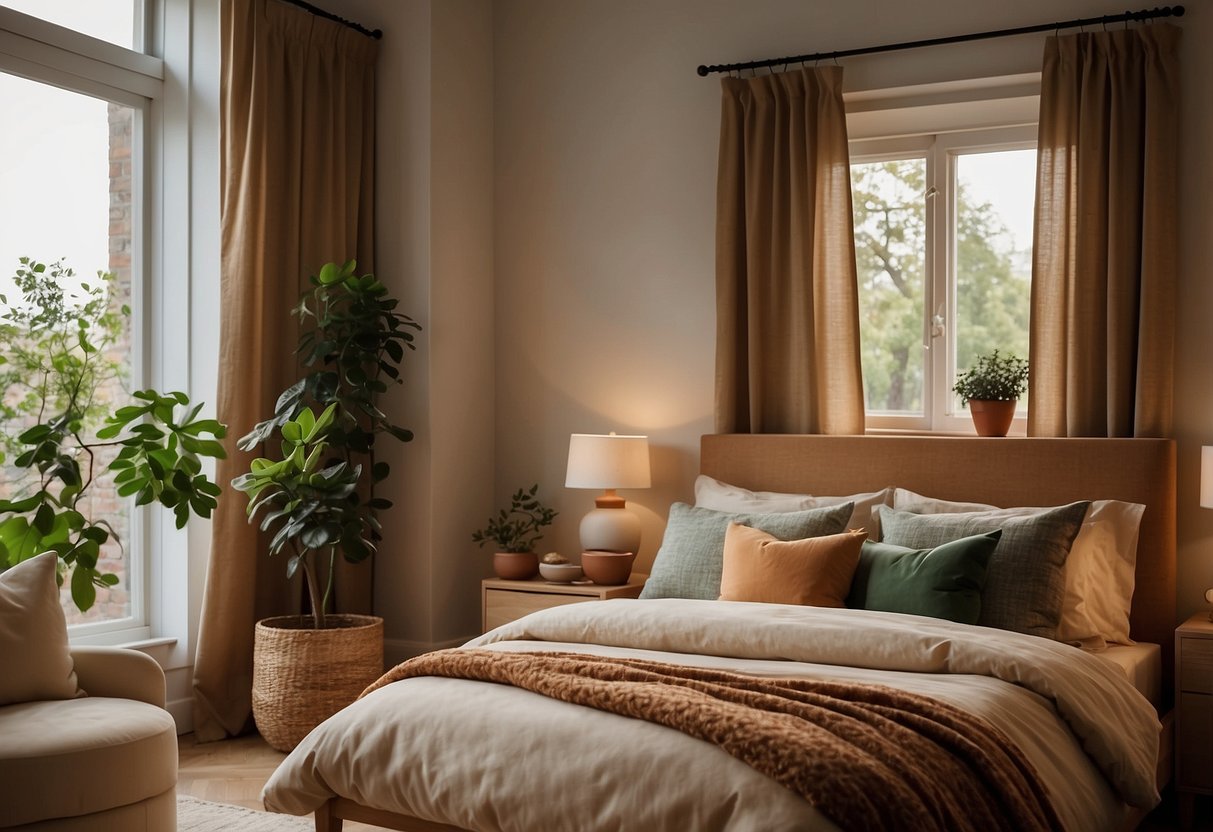 A cozy bedroom with oak furniture, featuring warm earthy tones, such as beige, cream, and terracotta. Accents of deep green and navy add contrast. Sunlight filters through sheer curtains, casting a soft glow on the room