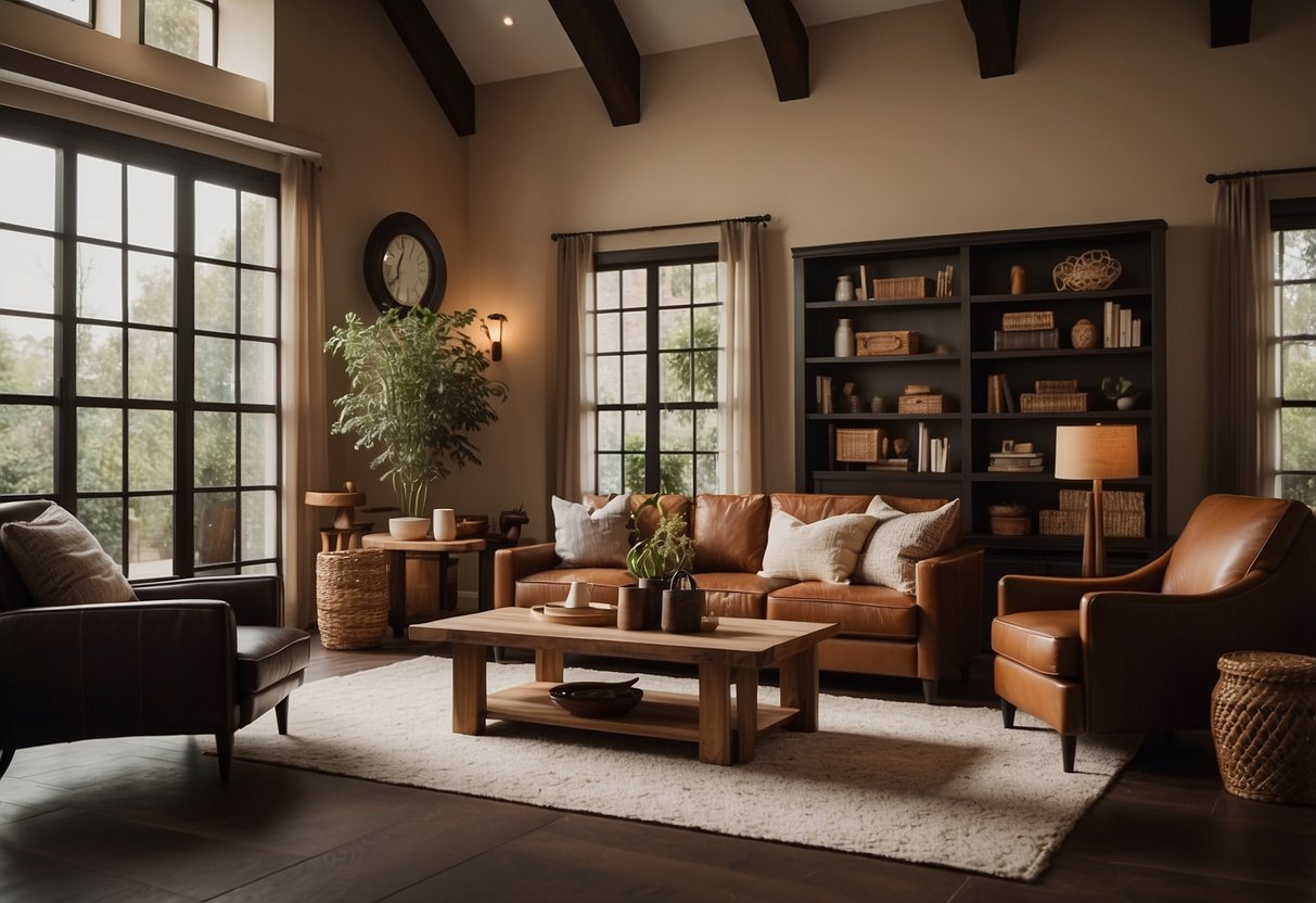 A cozy living room with brown furniture, complemented by earthy tones and warm lighting. A mix of textures like leather, wood, and fabric create a comfortable and inviting space