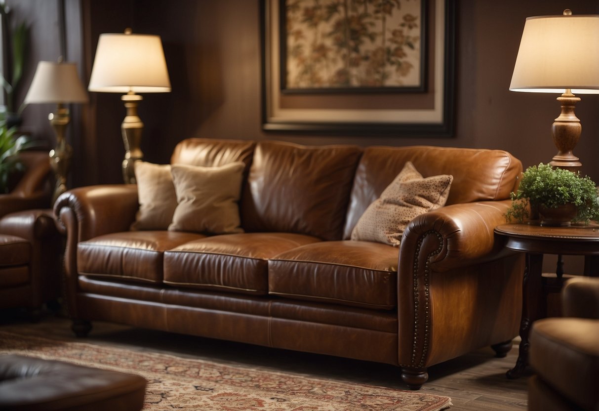 A vintage leather sofa sits in a cozy living room, surrounded by warm brown furniture and home decor accents