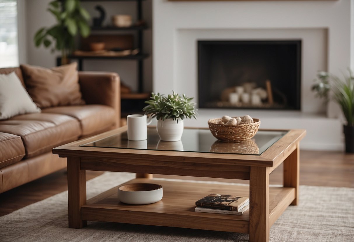 A wooden coffee table with a glass top sits in a cozy living room. The table is adorned with home decor items and surrounded by brown furniture