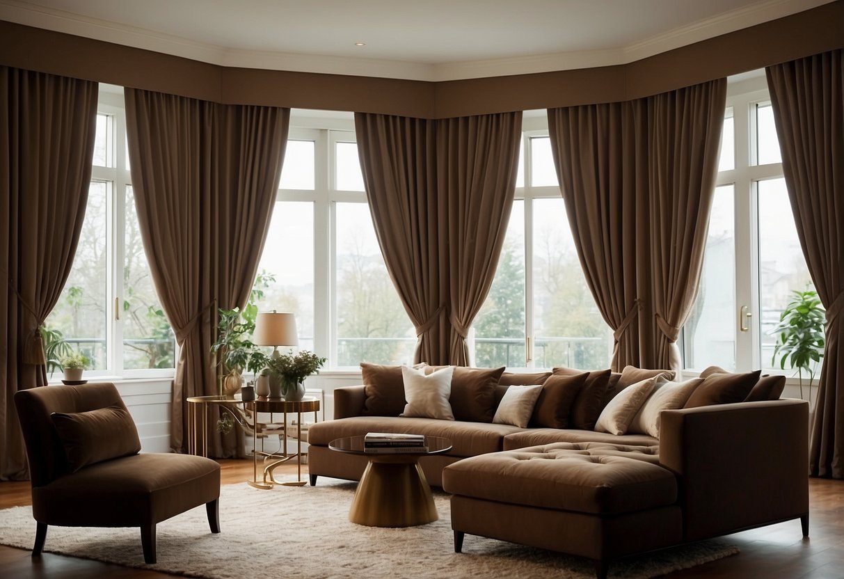 Brown velvet curtains frame a cozy living room with brown furniture, creating a warm and luxurious home decor idea