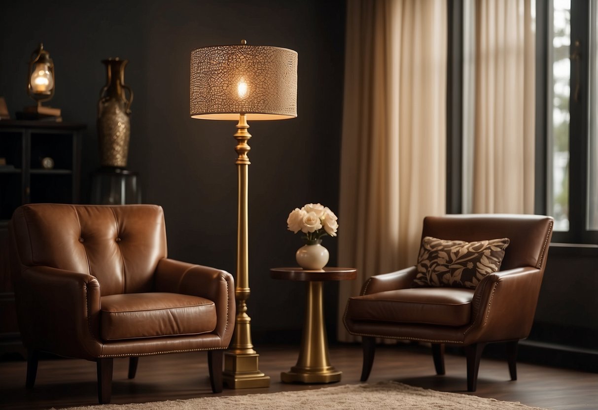 An antique bronze floor lamp illuminates a room with brown furniture, adding a touch of elegance to the home decor