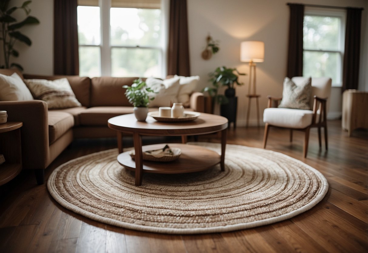 A brown and white area rug sits beneath a cozy living room setup with brown furniture, offering a warm and inviting home decor idea