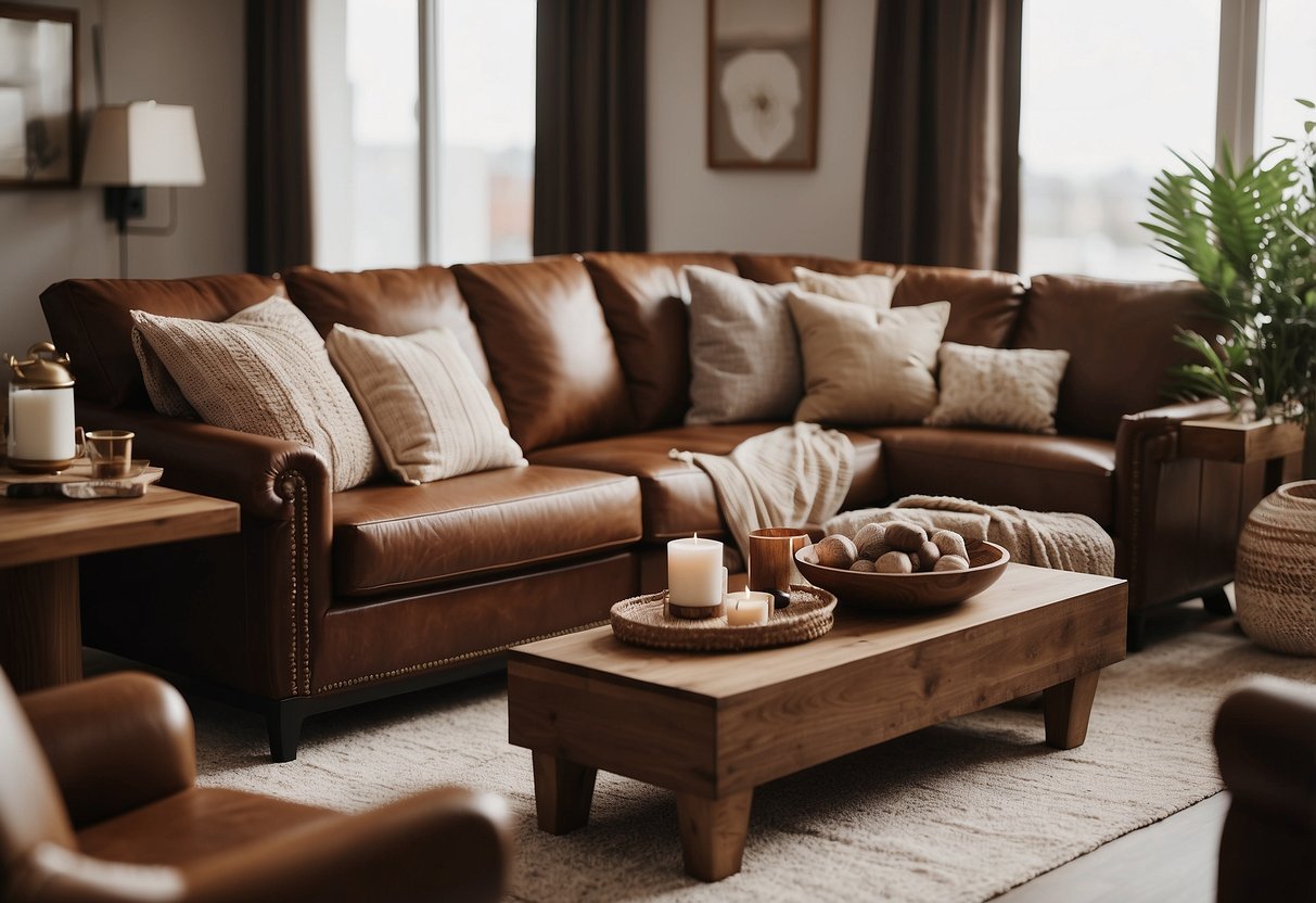 Brown furniture adorned with tan throw pillows, creating a cozy home decor scene