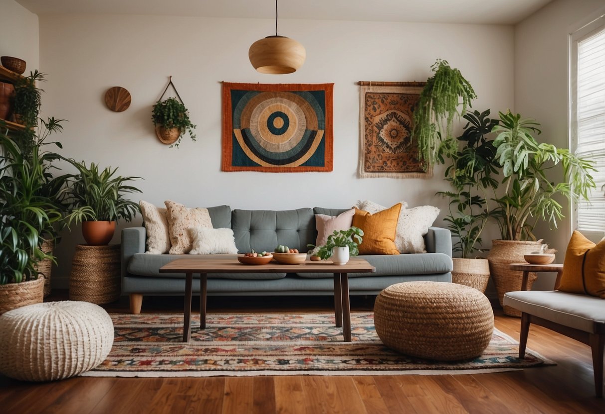 A cozy living room with eclectic wall art, hanging plants, and colorful throw pillows. A vintage rug and handmade ceramics add warmth and character to the space