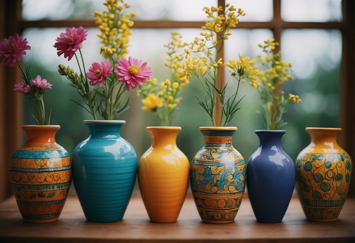 Colorful hand-painted pottery vases arranged on a wooden shelf, adding a creative and vibrant touch to the home decor