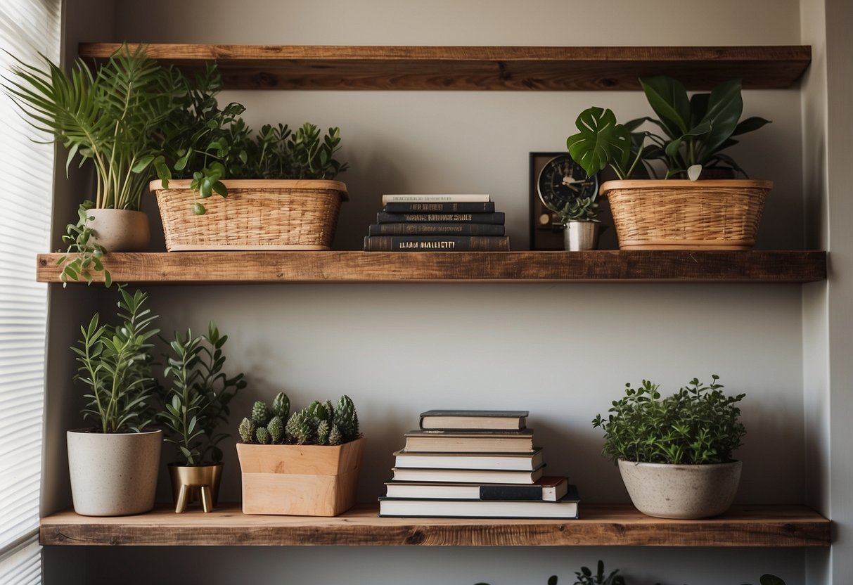 Reclaimed wood shelves arranged with plants and books, adding a touch of rustic charm to a cozy living space