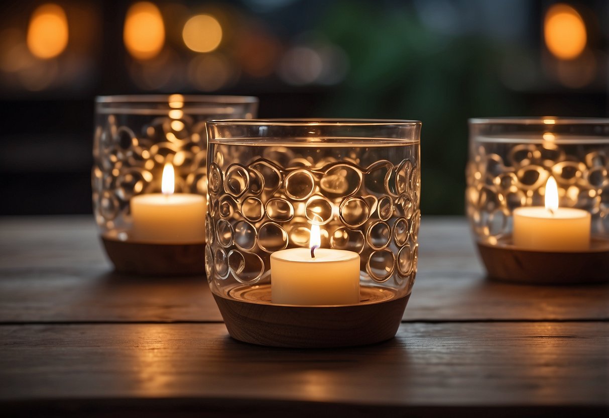 Rustic floating candle holders on a wooden table with soft candlelight