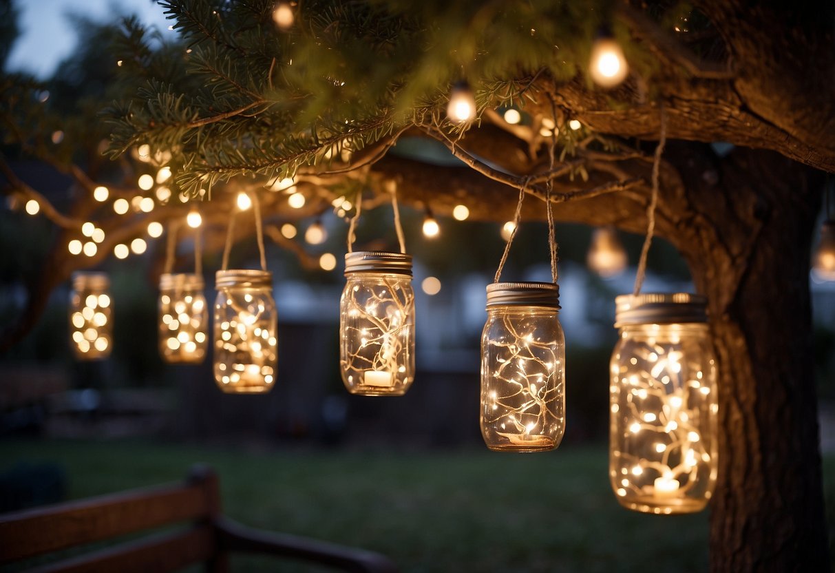 A mason jar filled with fairy lights hangs from a tree, casting a warm glow over a cozy outdoor seating area