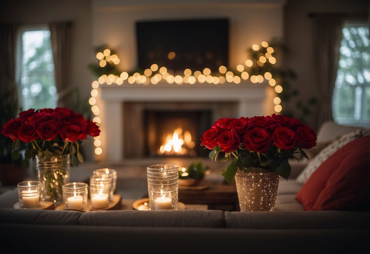 A cozy living room with heart-shaped pillows, red roses in a vase, and a string of twinkling lights draped over the fireplace mantle