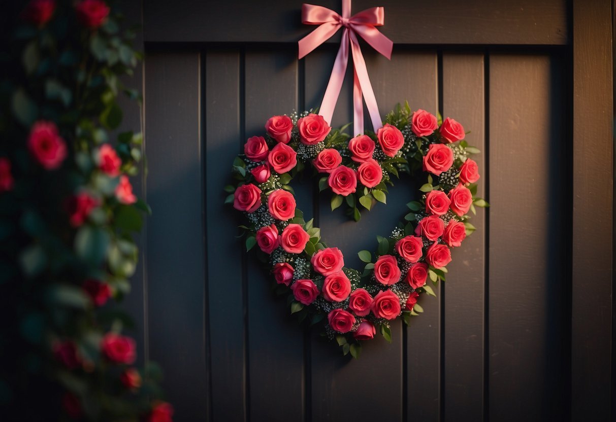 A heart-shaped wreath hangs on a rustic wooden door, adorned with red roses and pink ribbons. A soft glow from twinkling fairy lights adds a romantic touch to the Valentine's Day home decor