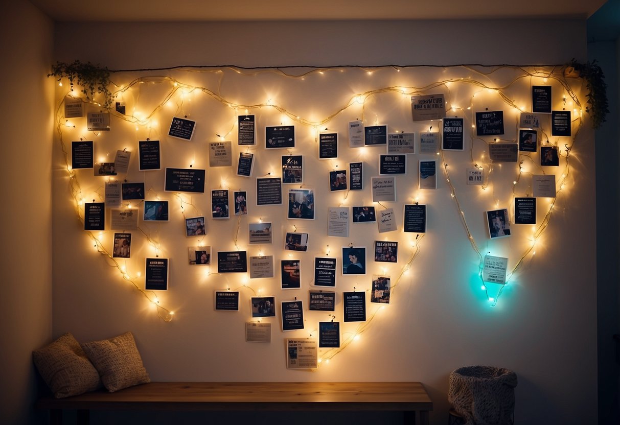 A wall adorned with love quotes in various fonts and colors, surrounded by heart-shaped decorations and twinkling fairy lights