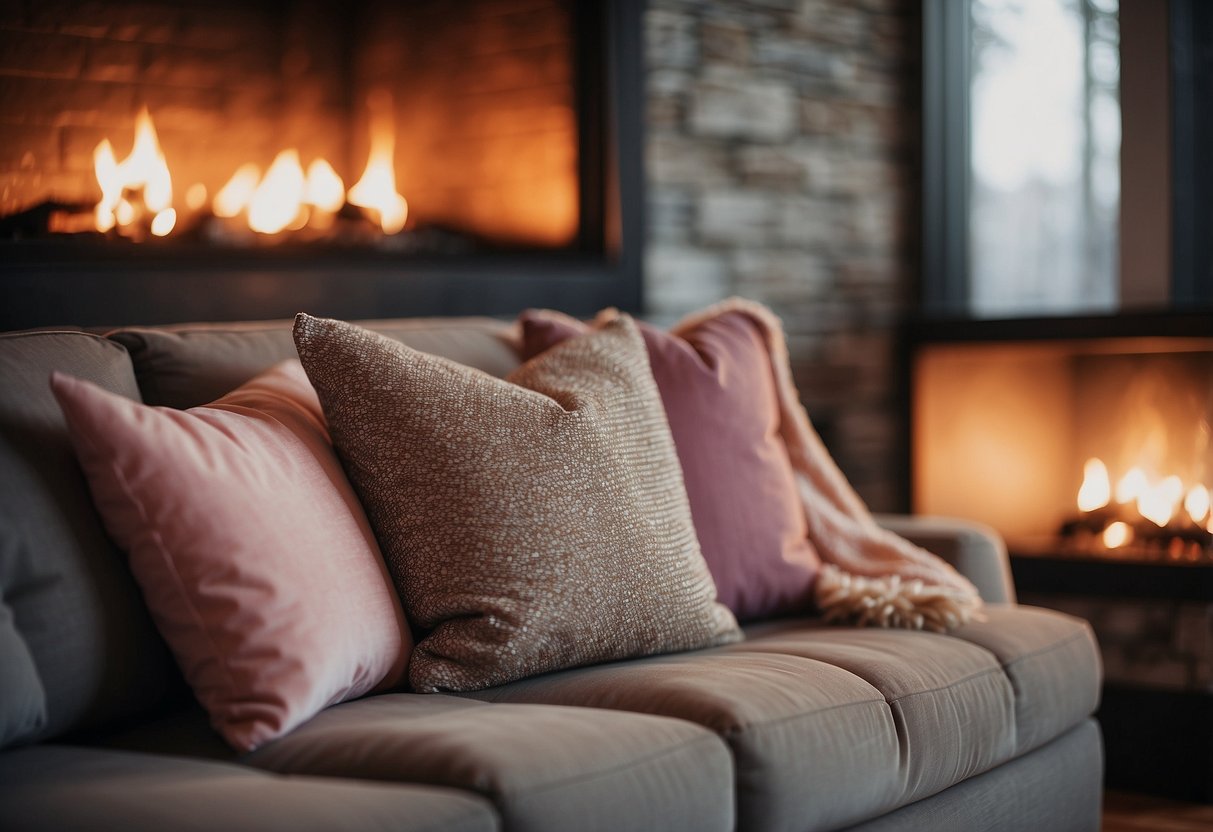 A cozy living room with Valentine's Day throw pillows scattered on a plush sofa and a warm fireplace in the background