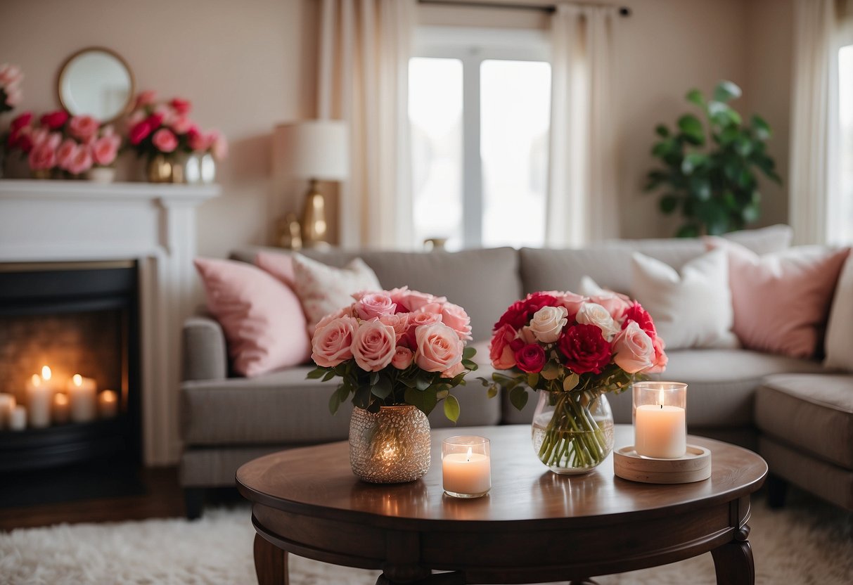 A cozy living room with red, pink, and white accents. Heart-shaped pillows, candles, and floral arrangements add a romantic touch