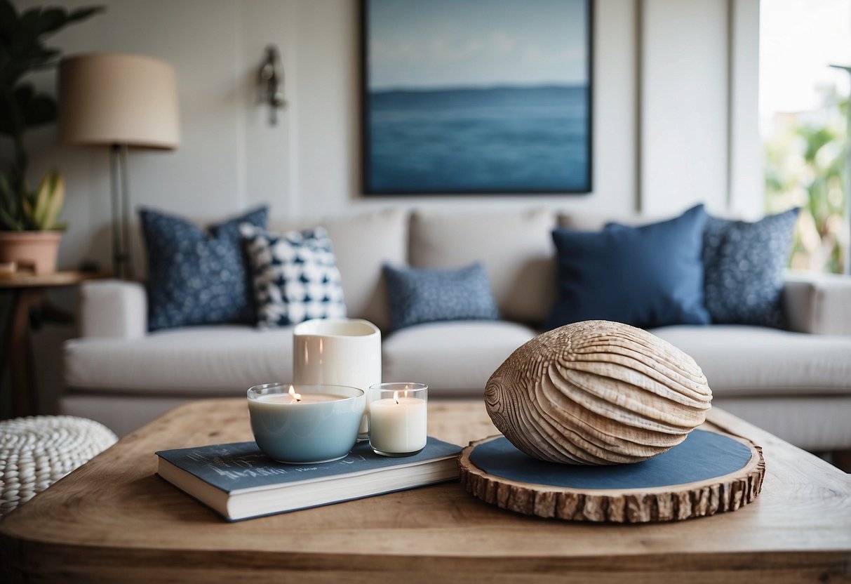 A cozy living room with nautical elements, like a driftwood coffee table, seashell wall art, and a blue and white color scheme