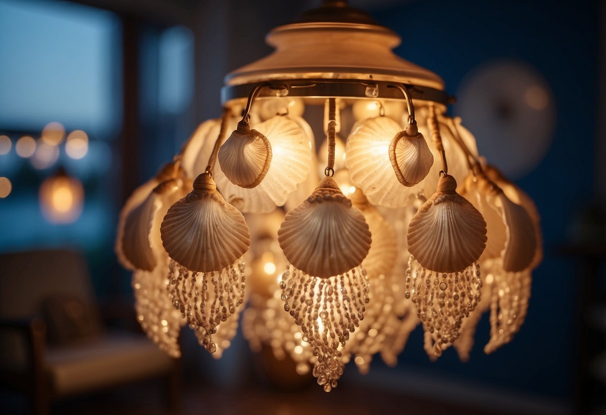 A cozy seaside home with seashell chandeliers hanging from the ceiling, casting a warm and enchanting glow throughout the room