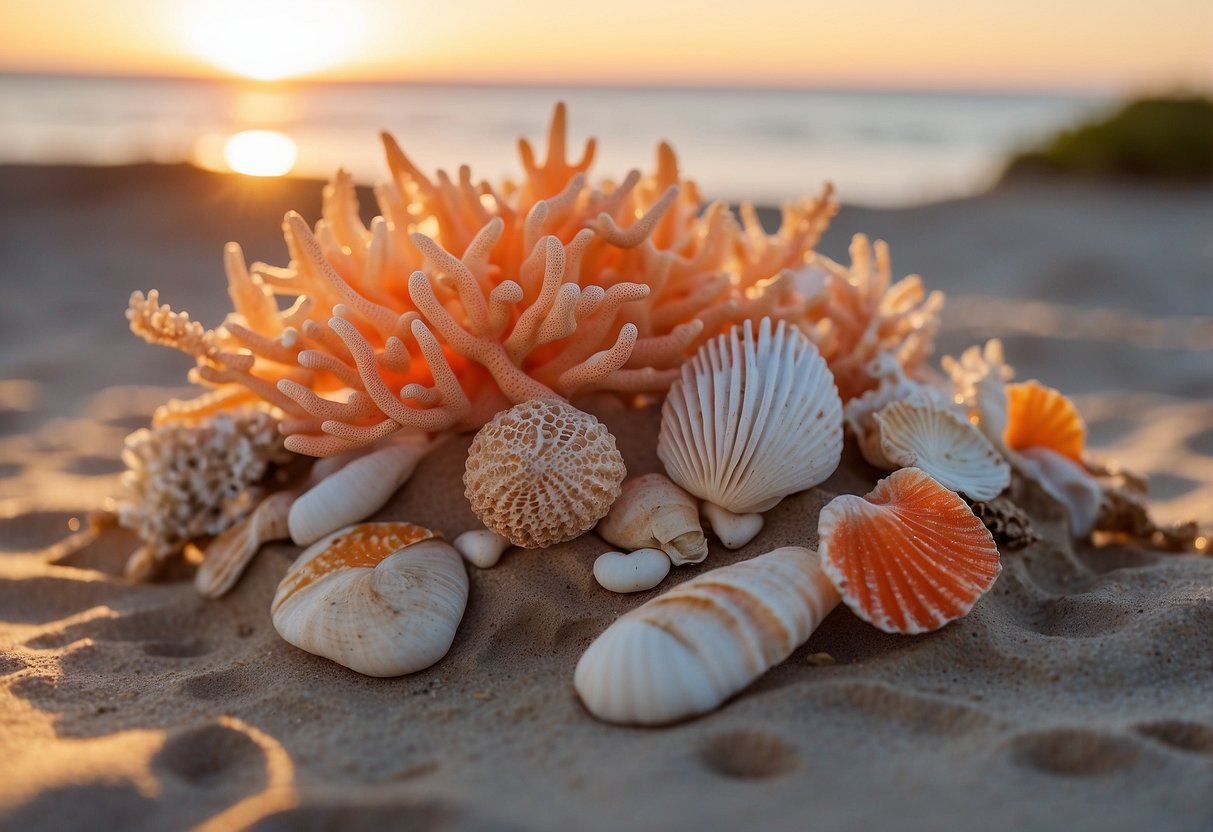 Vibrant coral sculptures arranged on a sandy beach, surrounded by seashells and driftwood. The sun sets over the ocean, casting a warm glow on the coastal decor