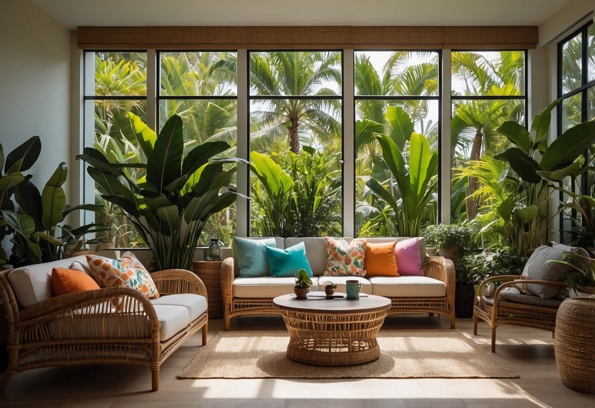 A vibrant living room with rattan furniture, leafy plants, and colorful throw pillows. A large window lets in natural light, showcasing a tropical mural on the wall