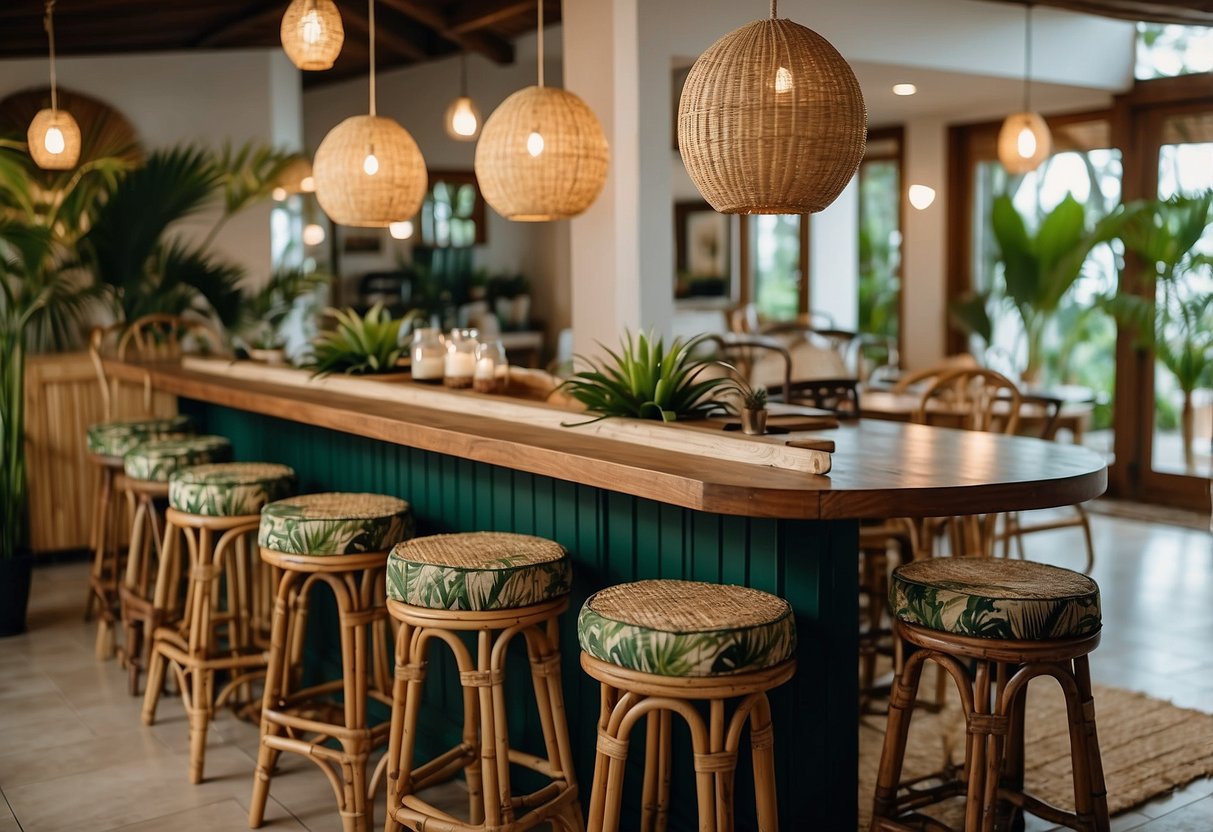 Tropical home decor with rattan bar stools, palm leaf print cushions, and bamboo pendant lights