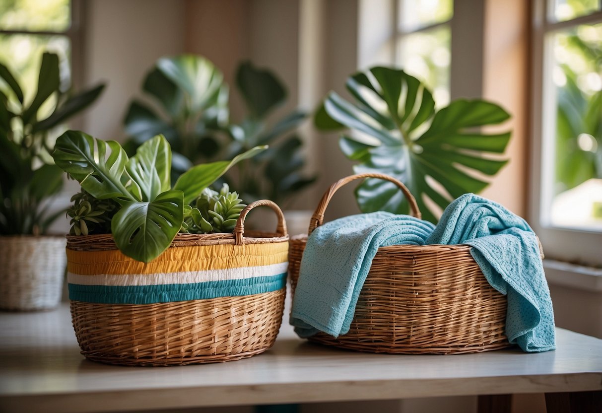 Colorful wicker baskets filled with tropical plants and beach towels, arranged in a sunny corner of a bright, airy room