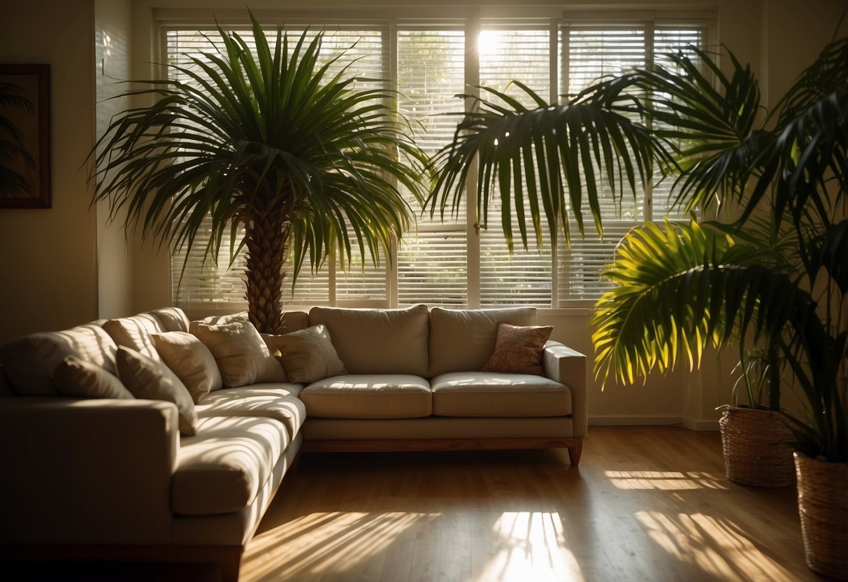 Sunlight filters through palm tree curtains, casting tropical shadows on a cozy living room