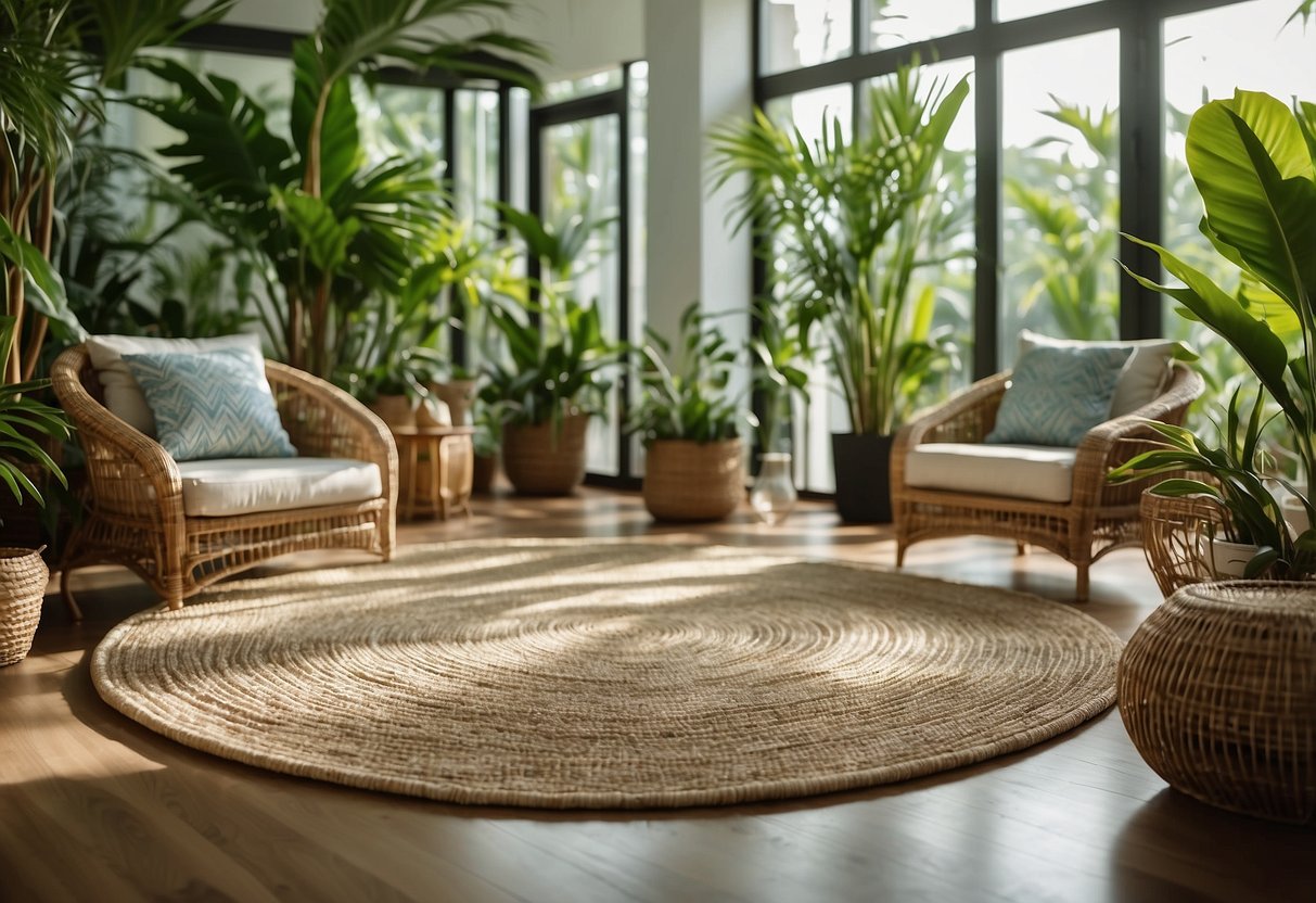 A seagrass area rug lies in a sunlit tropical room, surrounded by lush green plants and rattan furniture